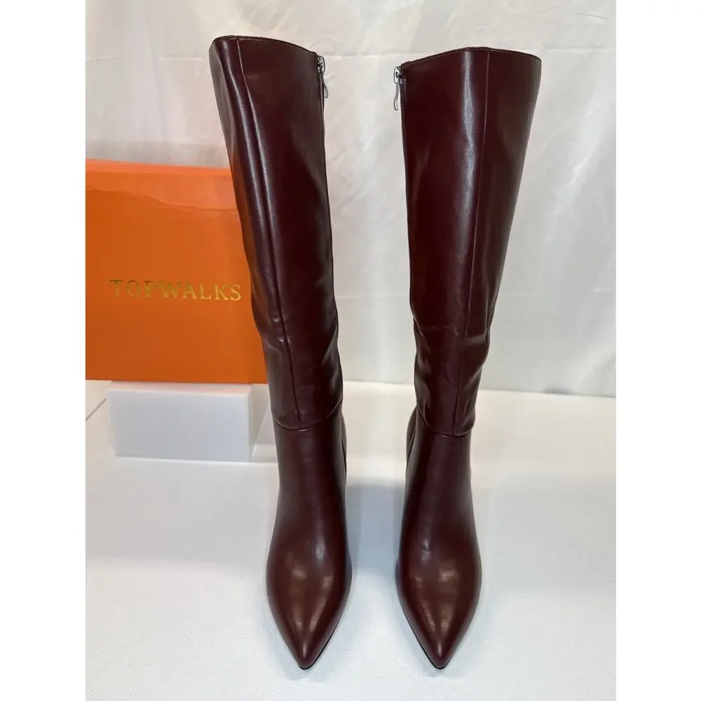 TopWalks Women's Knee High Boots Pointed Toe Chunky Block Heel Burgundy Size 8.5